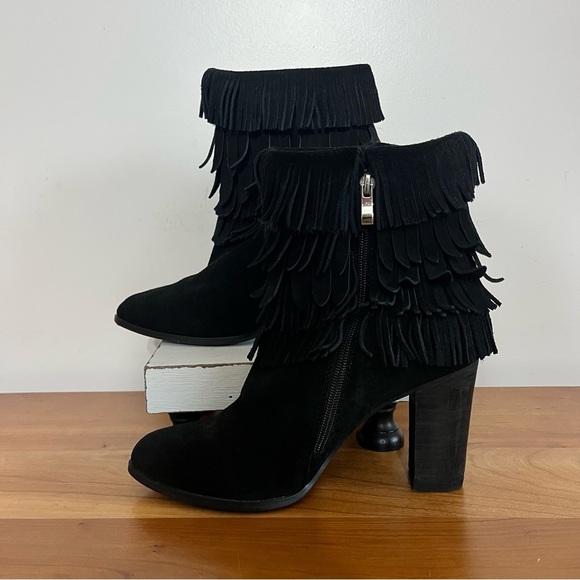 Women’s Catherine Malandrino Domenica Black Fringe Bootie Ankle Boots‎ Size 8 - Picture 2 of 7
